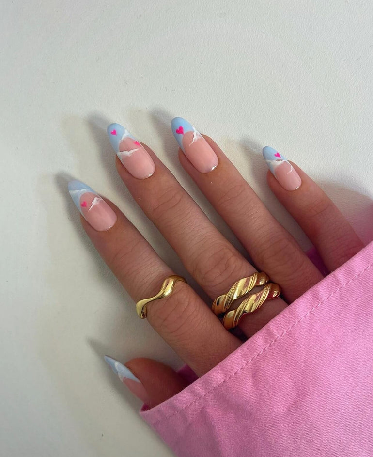 Cloud effect and pink heart nail art by Joely Frain