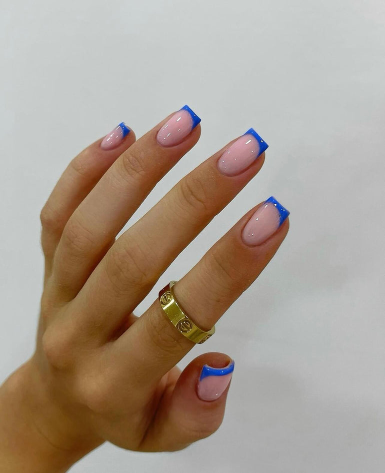 Clean cobalt blue square nail tips by Joely Frain
