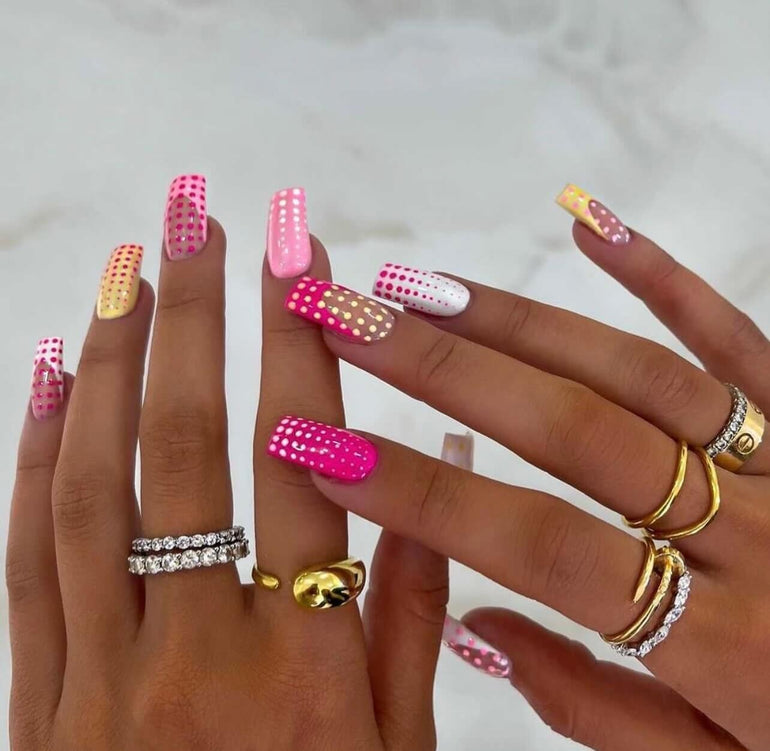 Polka dot grid nail art in pink white and yellow by Joely Frain