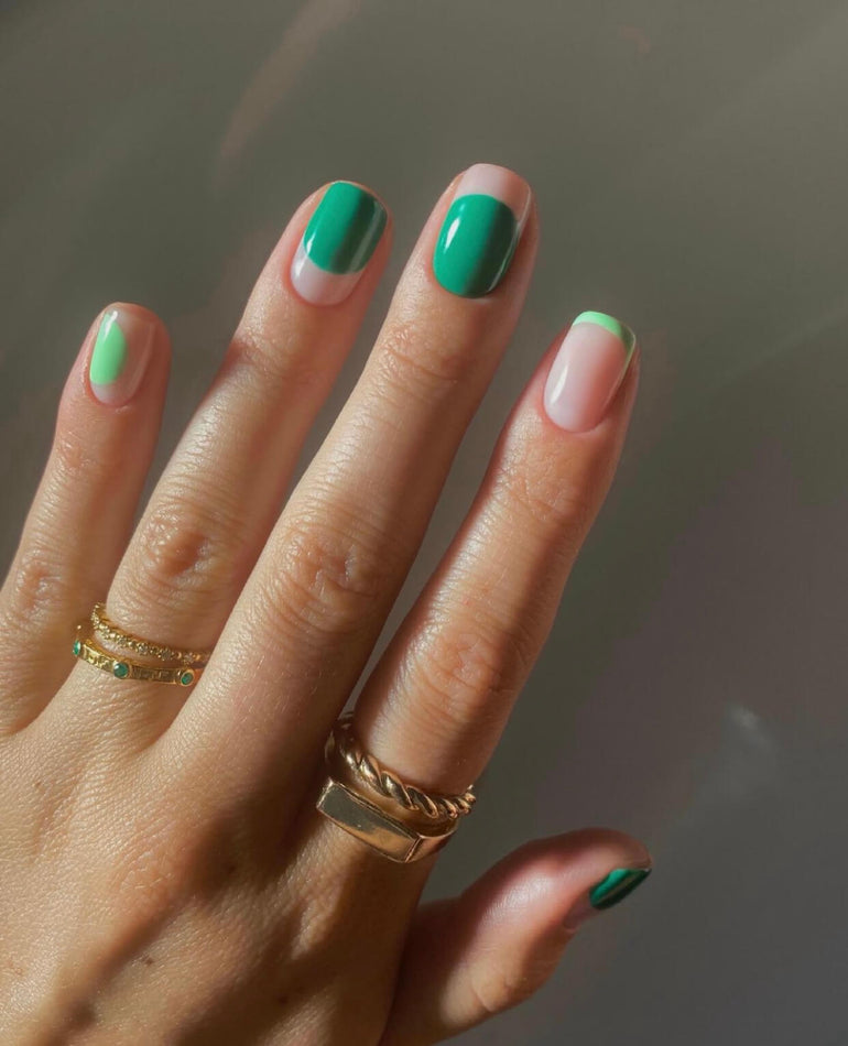 Light and mid green alternating gel nail polish blocks by Ellie O'Hara