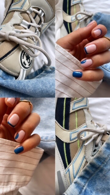 Alternating cobalt and nude French manicure by Chloe Boyce