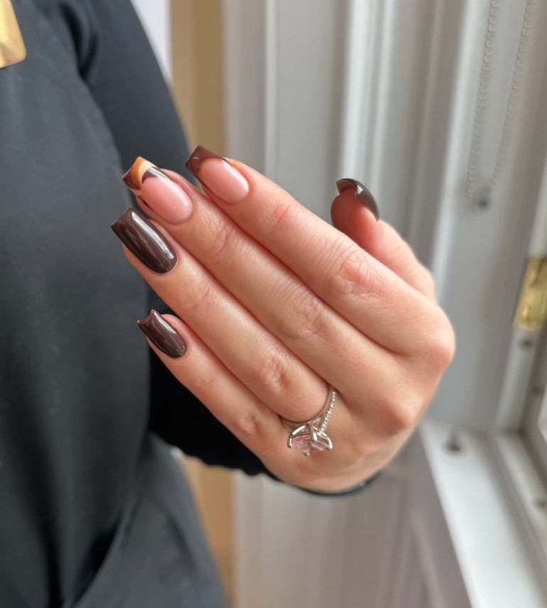 Retro brown orange and cream swirl gel polish nail art by Lauren Mcnair