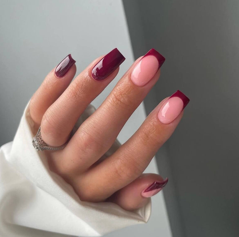 Deep ruby and pink nail art by Naomi Brown